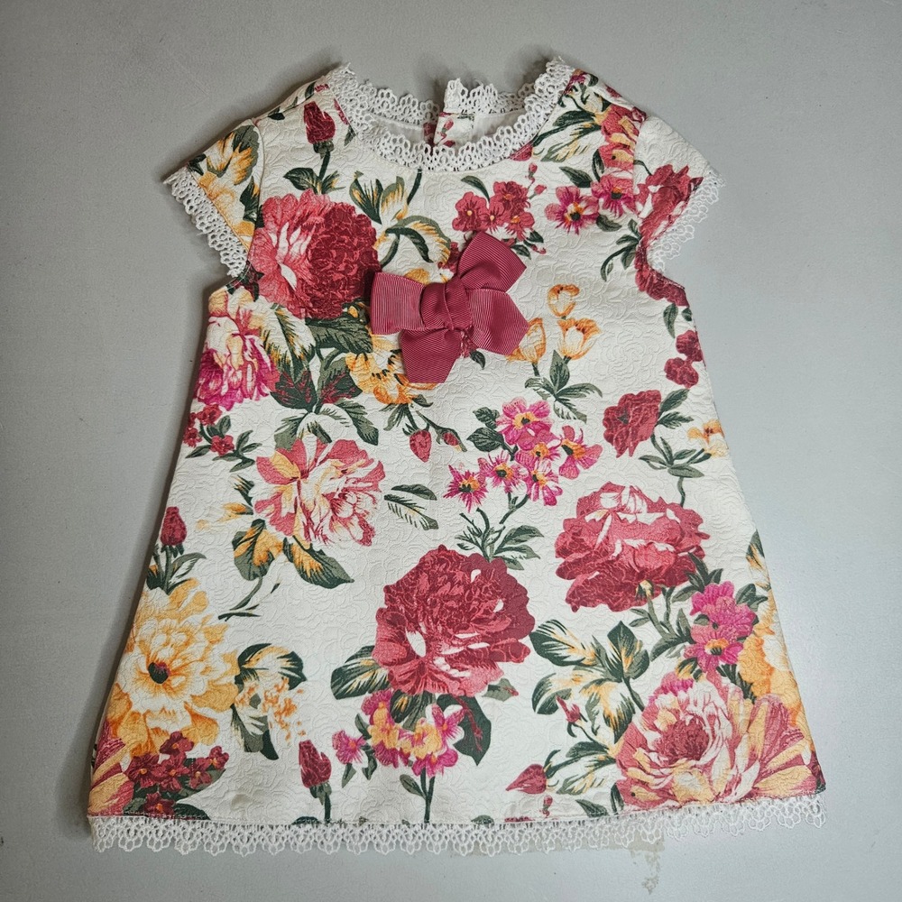 Newness Couture Baby Girls Floral Lace Trim Jacquard Dress Red 12M 80cm Spain
